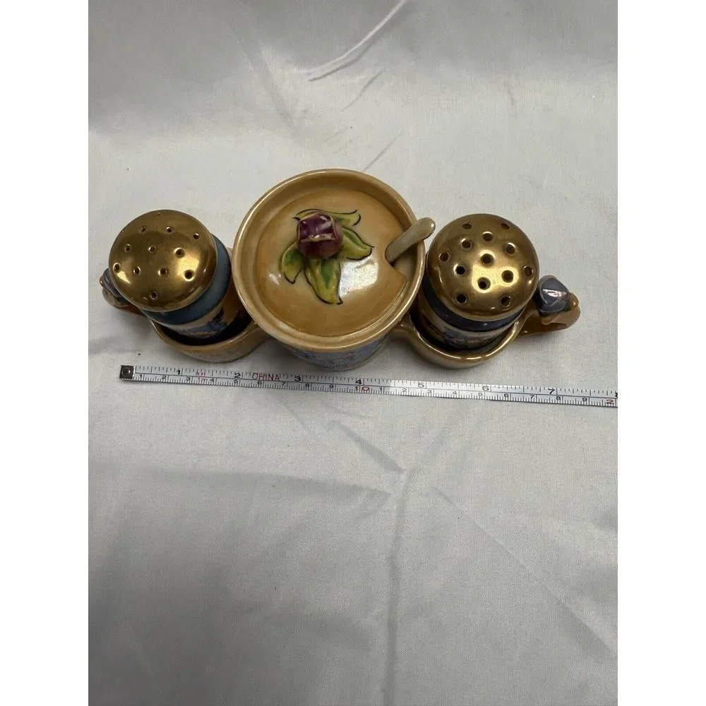 Lusterware Hand Painted Japan Vintage Condiment Set Salt‎ Pepper Sugar Spoon MCM